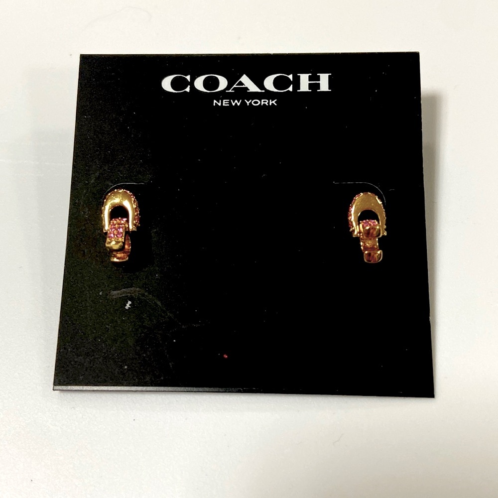 NEW Coach gold pink rhinestone signature C logo stud drop earrings